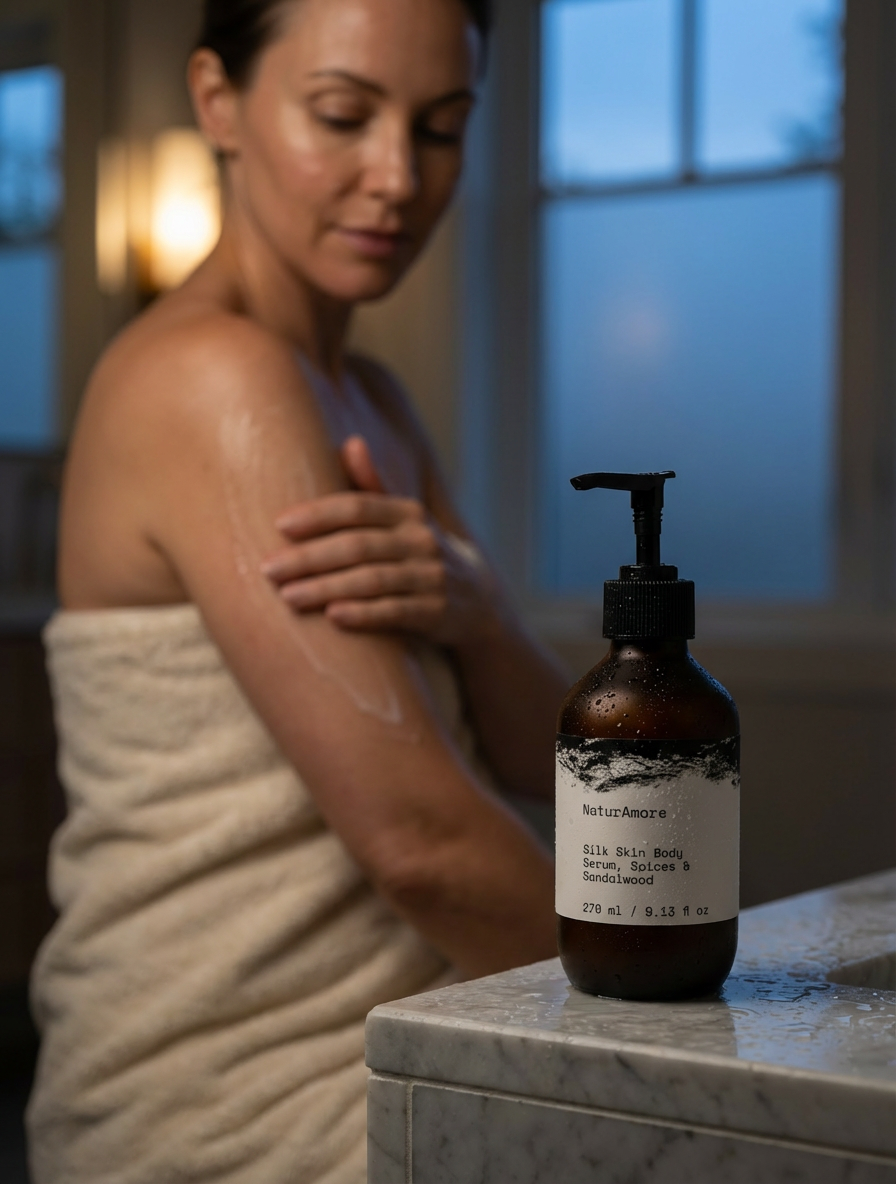 Woman applying NaturAmore Hyaluronic Acid Silk Skin Body Serum from an amber pump bottle for radiant, hydrated skin.