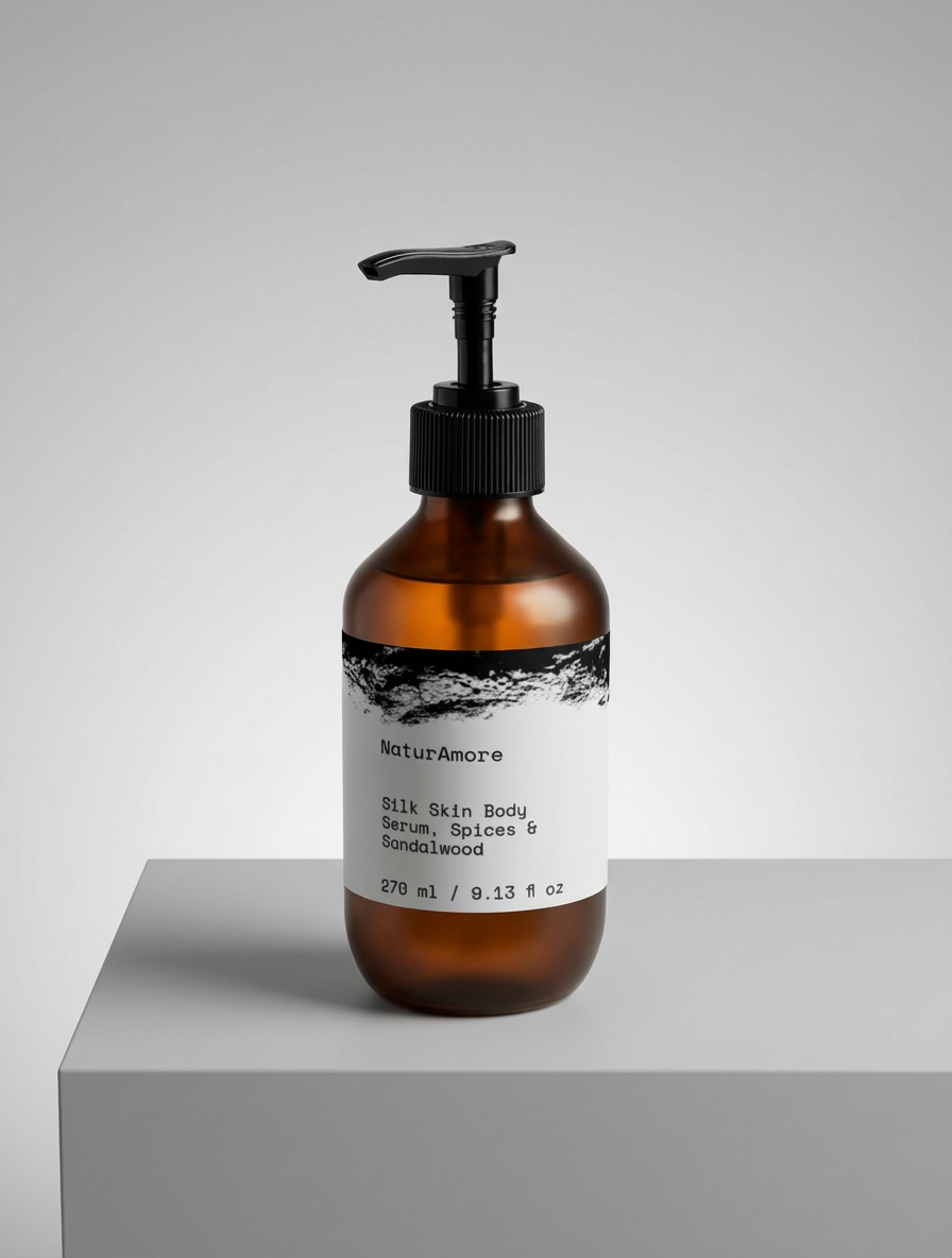 NaturAmore Silk Skin Hyaluronic Acid Body Serum, 270ml amber glass pump bottle with Spices & Sandalwood scent.