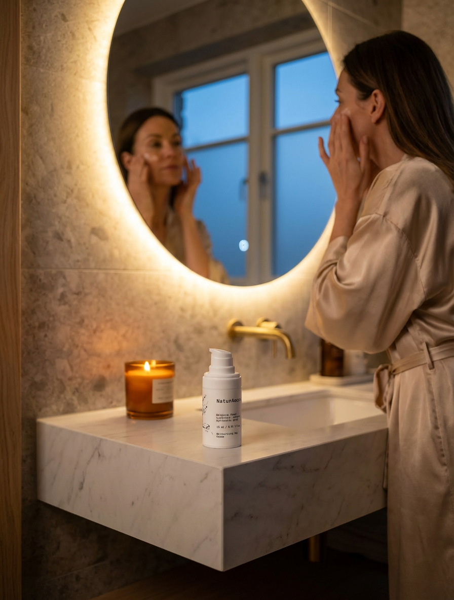 Woman applying NaturAmore Hydrating Day Cream reflected in a glowing bathroom mirror for a luminous skin ritual.