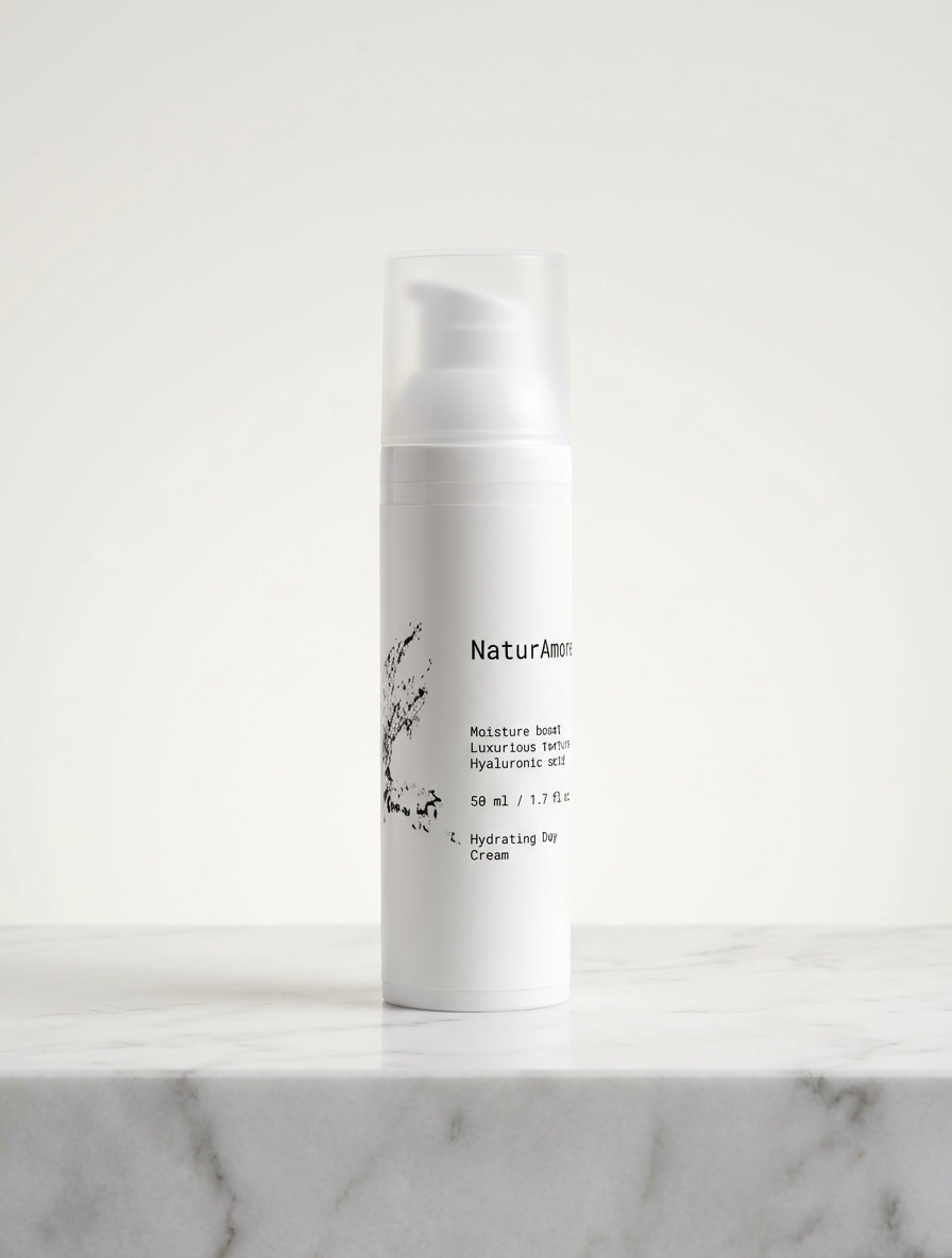 NaturAmore 50ml Hydrating Day Cream white pump bottle on an elegant marble surface with a clean studio background.