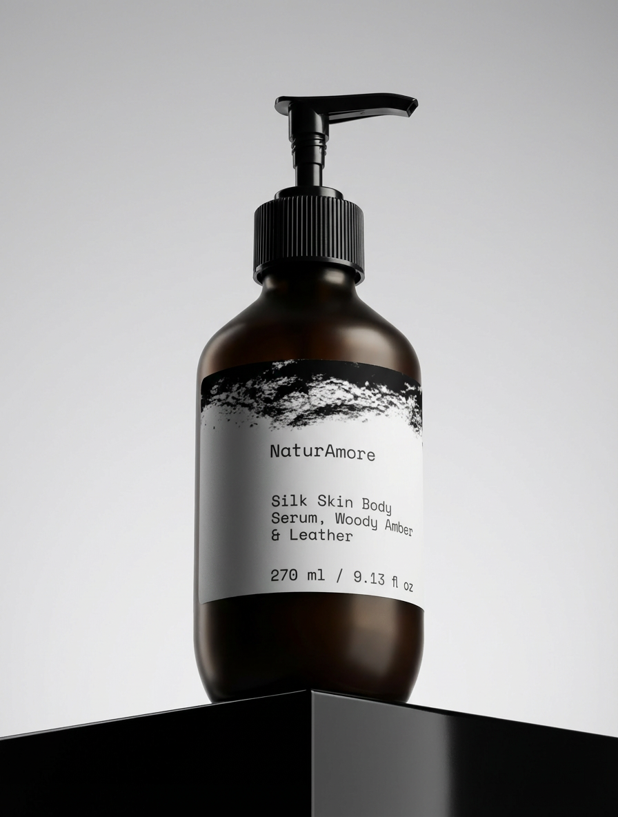 NaturAmore Silk Skin Body Serum in an amber glass 270ml pump bottle on a black pedestal for a luminous skin ritual.