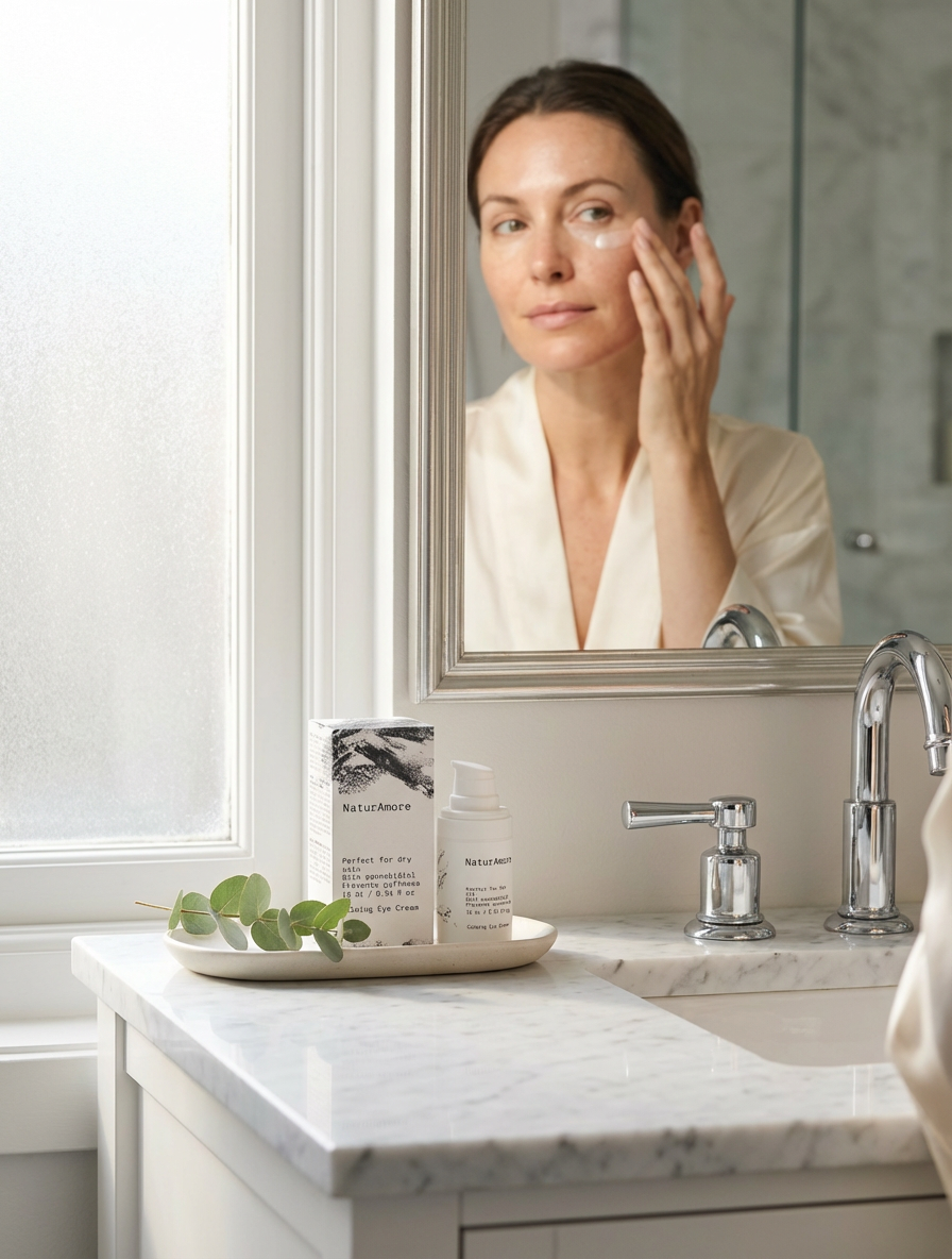 Woman applies NaturAmore CBD Eye Cream in a mirror with the botanical hydration ritual bottle and box on a marble counter.