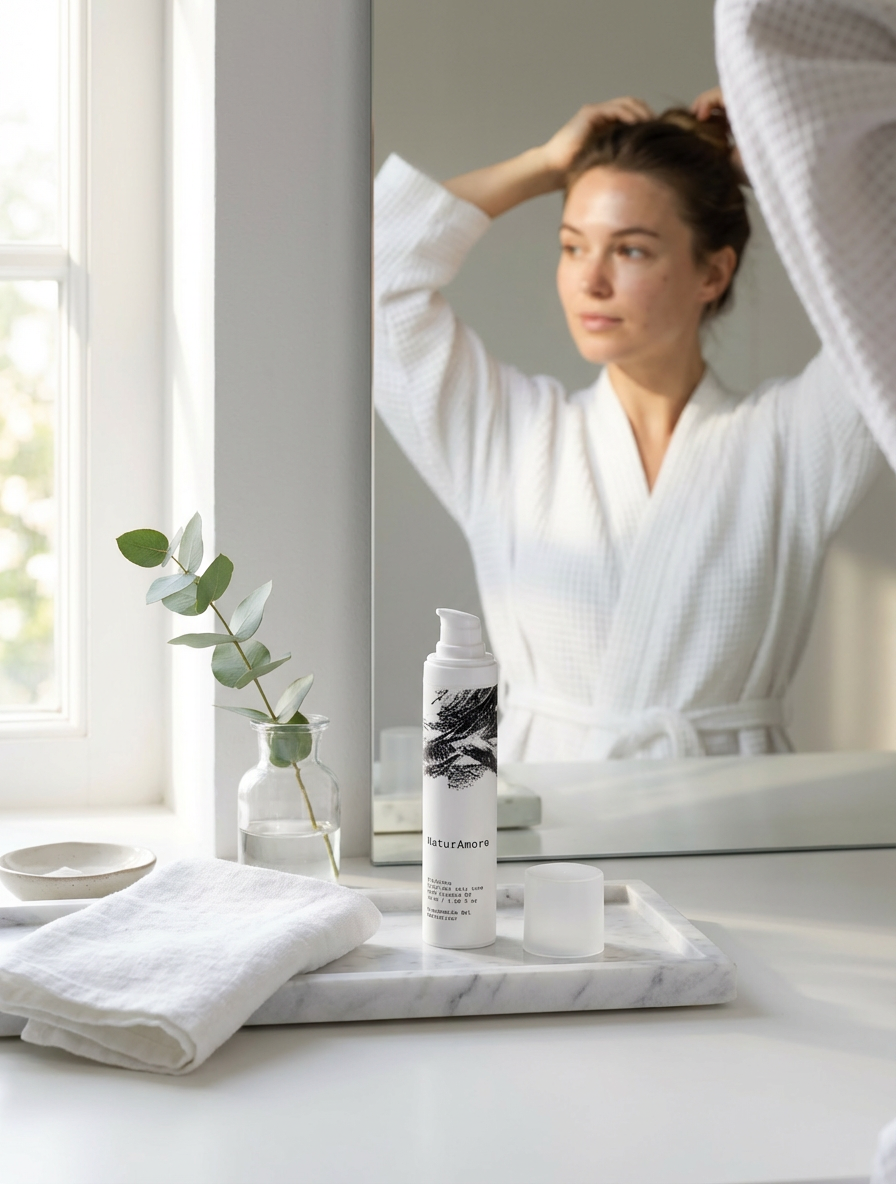 NaturAmore 5% Niacinamide Gel Moisturiser on marble tray with woman in bathrobe reflecting in mirror for radiant skin.