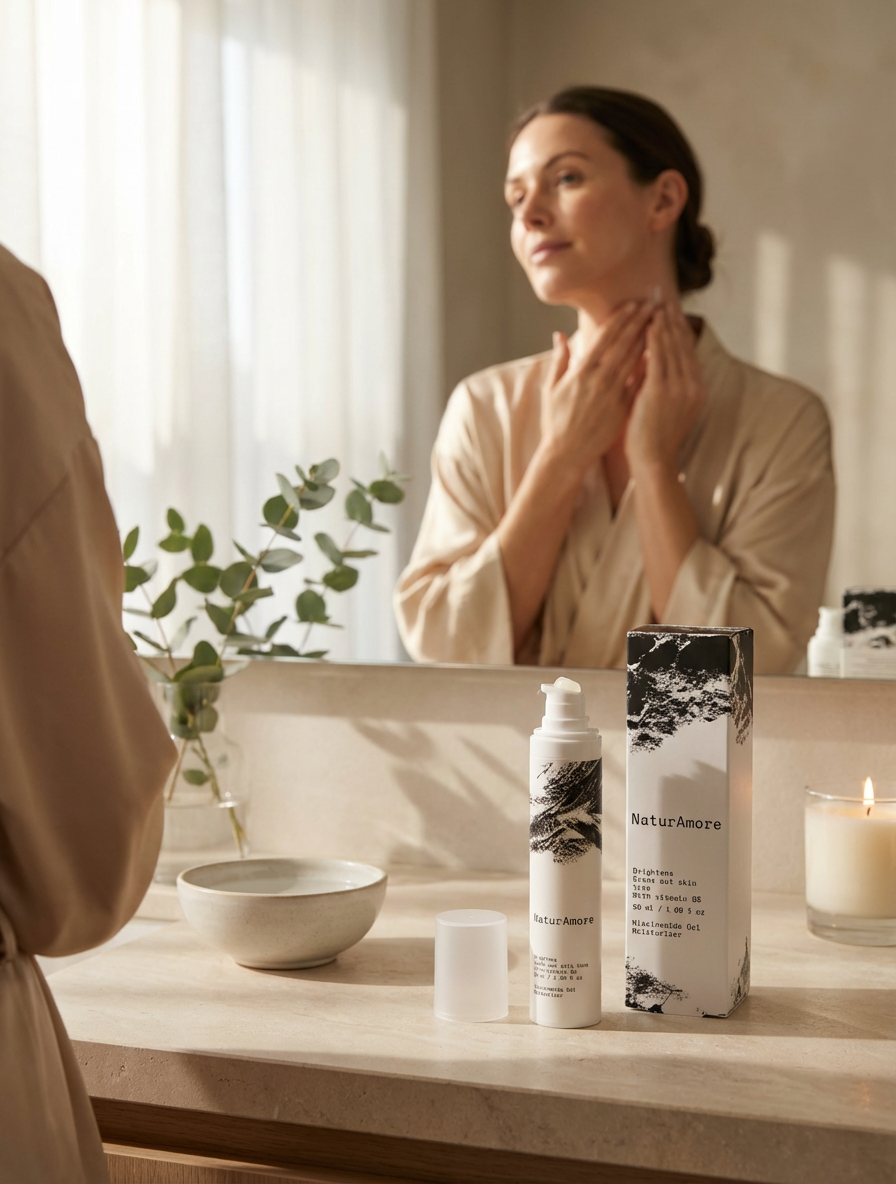 Woman applying NaturAmore 5% Niacinamide Gel Moisturiser face moisturizer in a sunlit bathroom.