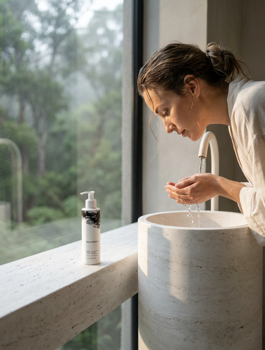 Woman rinsing face at a stone sink beside NaturAmore Clarifying Gel Cleanser with a serene forest view.
