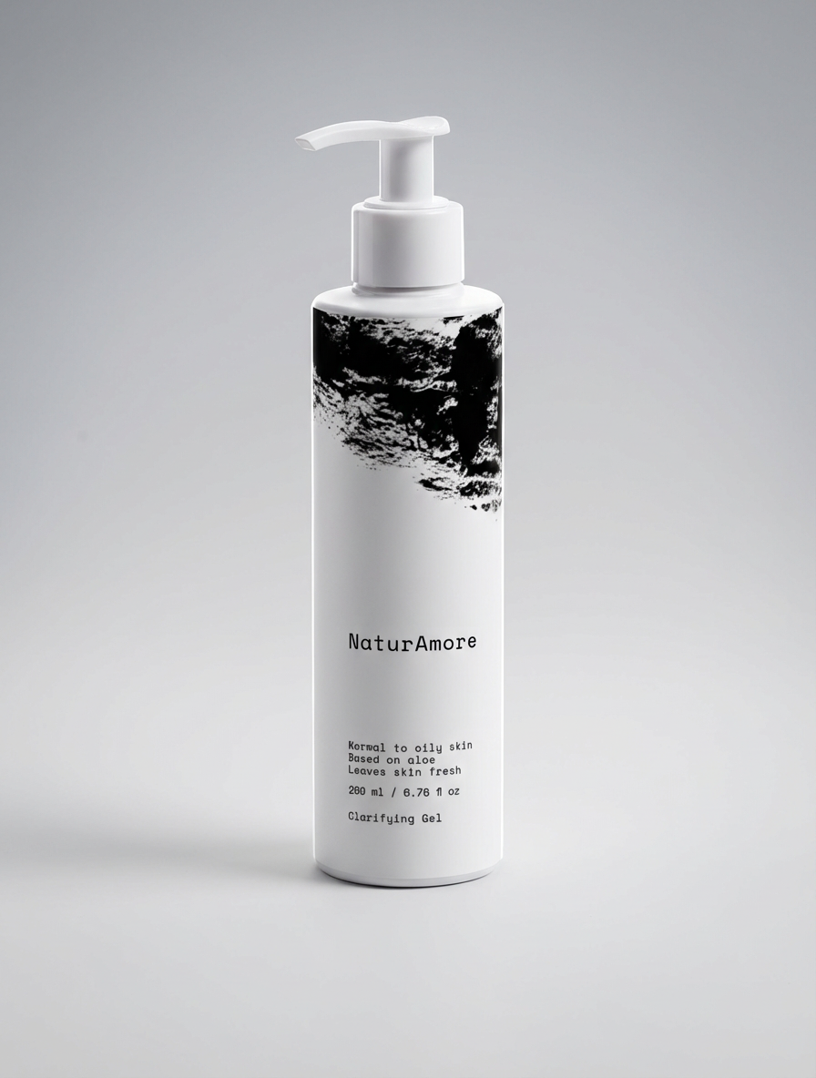 NaturAmore Clarifying Gel Cleanser for oily skin in a white pump bottle with minimalist black artistic design.